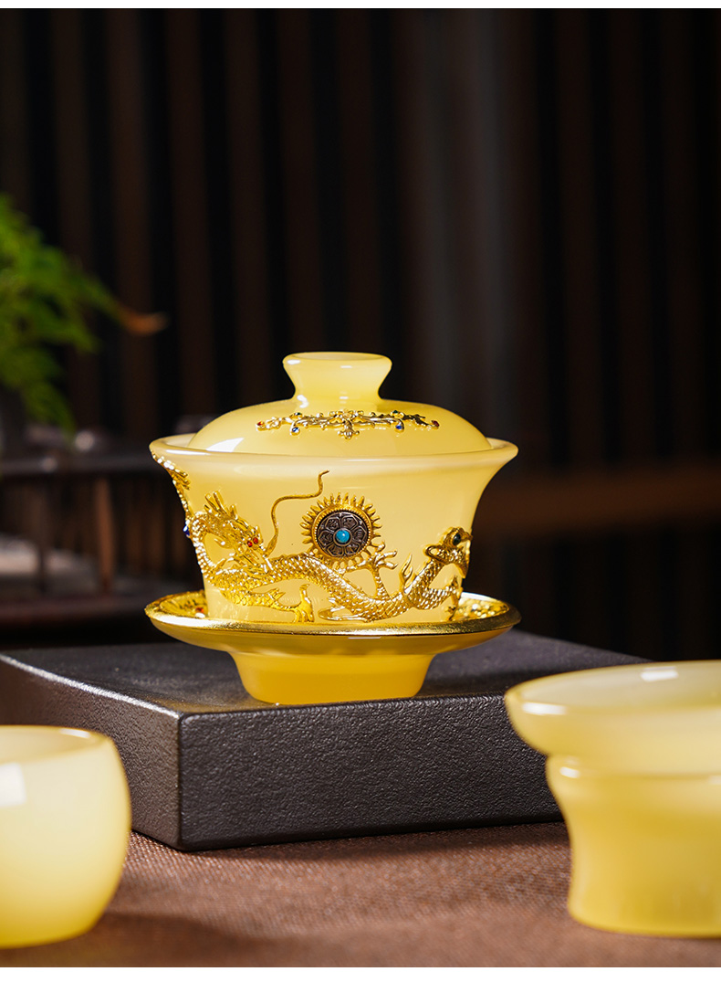 金镶玉三才盖碗功夫茶具琉璃盖碗单个玉瓷三才碗家用带盖敬茶碗防烫