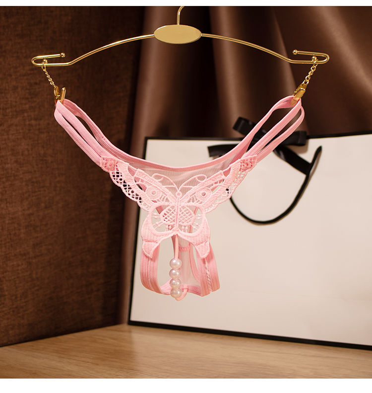 欧美新款蝴蝶刺绣性感丁字裤女低腰塑料珍珠按摩夜店火辣情调t裤性感