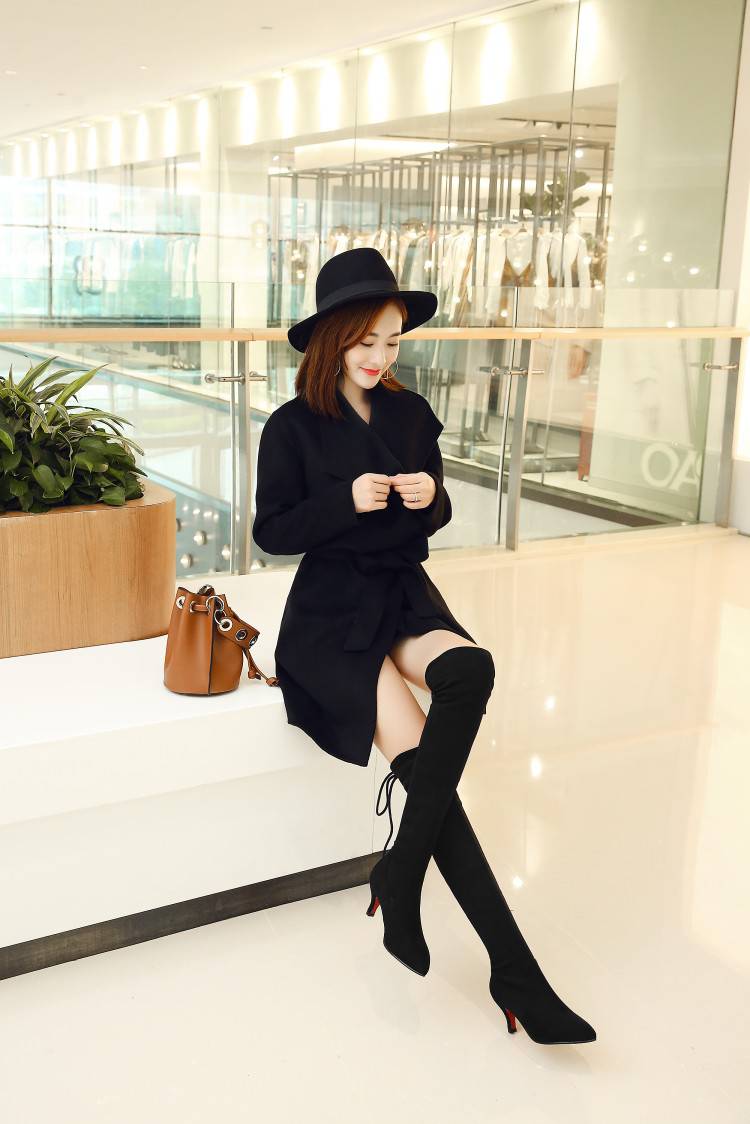 jianqii 翻毛皮长靴长筒靴女细跟绒面秋冬细高跟弹力过膝尖头高筒中跟