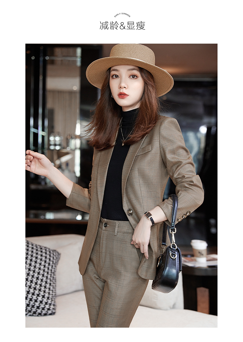 ioj轻奢品牌女装卡其色格子西装外套女2022新款春季英伦风显瘦百搭小