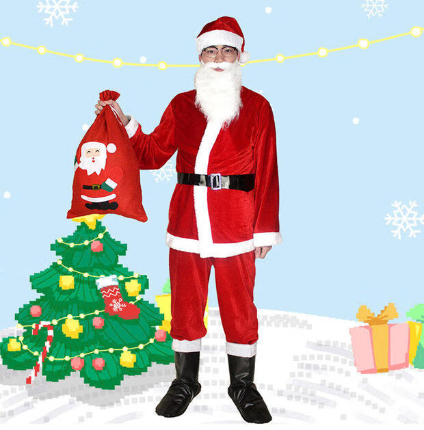 圣诞节服装饰圣诞老人服装圣诞老人衣服男女士成人套装无纺布五件套男