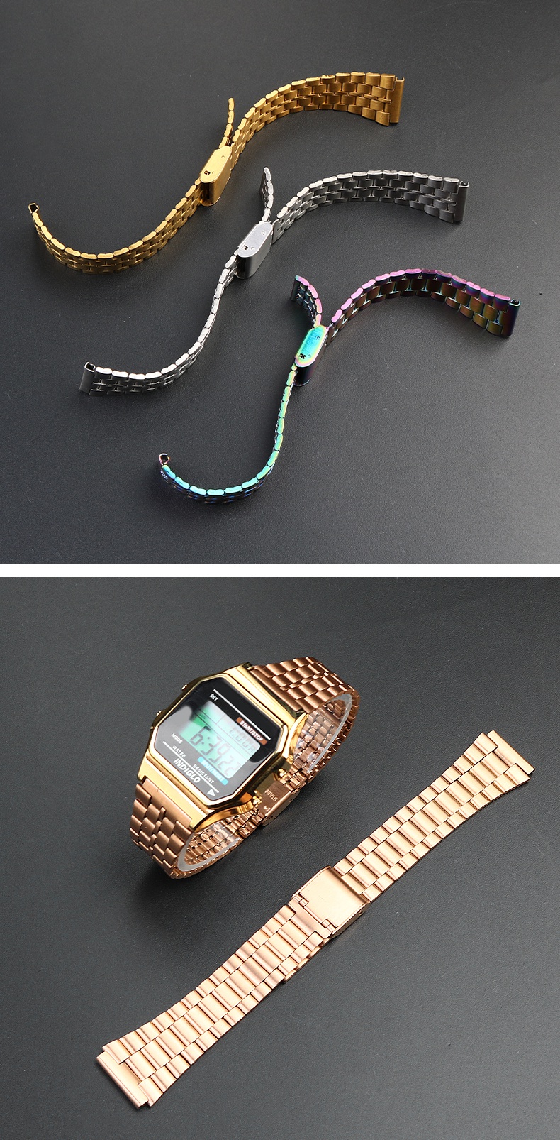 适用复古小方块金属表带适配卡西欧a159w-n1 a158wa a168不锈钢表链18