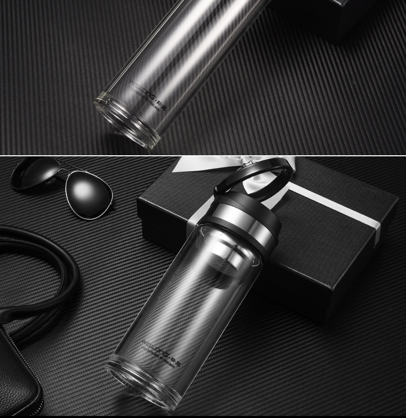 卧龙玻璃杯 大容量单层加厚水晶杯便携男士运动拉环水杯滤网茶杯子