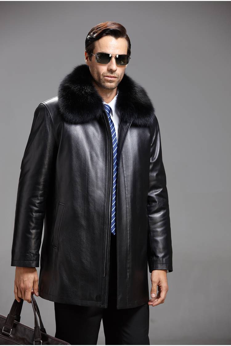 真皮大衣男长款中老年人冬装皮衣男中老年尼克服外套中长款狐狸毛领