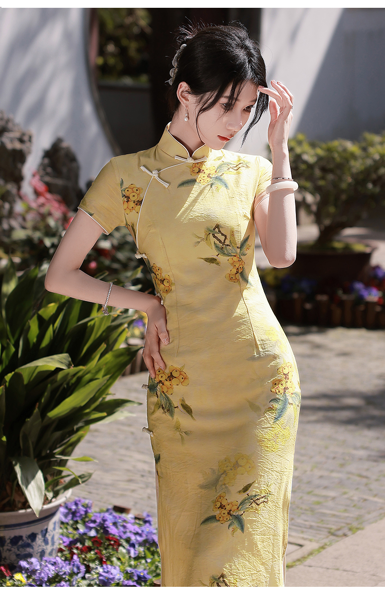 mlcriyg旗袍中国风2022年新款黄色复古气质年轻款少女性感改良连衣裙