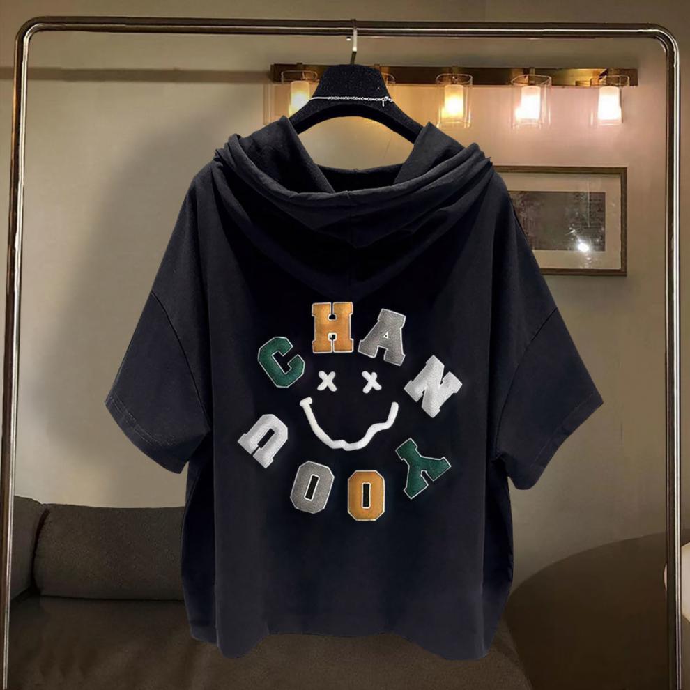 ukcf夏天卫衣女薄款连帽短袖印花t恤夏季新款中性百搭卫衣男女嘻哈