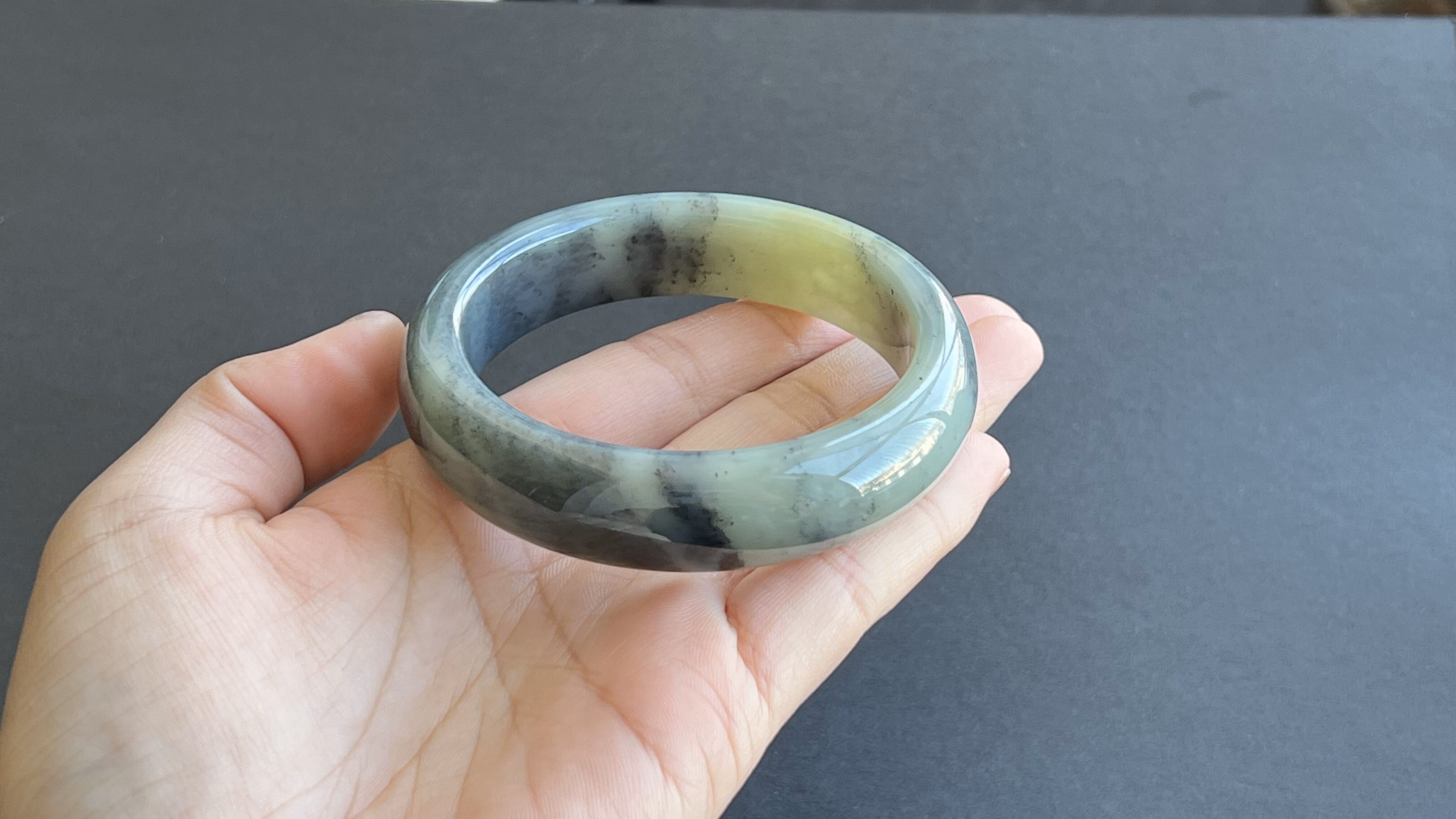 梦莹 天然和田玉新疆青花平安镯 点墨子宽条女款厚实款特色水墨丹青细