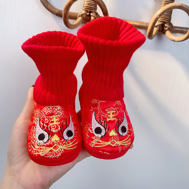 冬季宝宝虎头鞋婴儿抓周软底学步鞋满月百天周岁棉鞋男女老虎鞋子红色