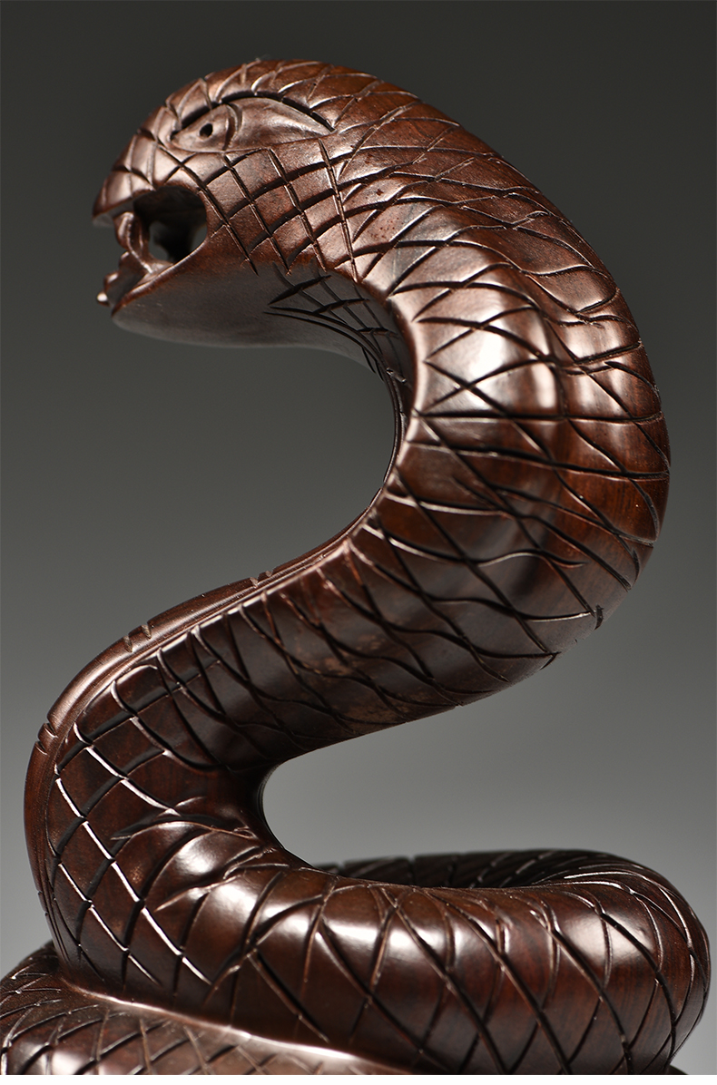 杞记木雕蛇摆件三合十二生肖木头蛇眼镜蛇家居客厅装饰红木工艺品精雕