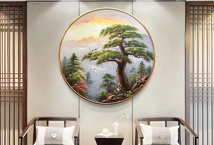 皓涛迎客松圆形风景手绘油画新中式客厅玄关书房装饰画办公室挂画a款