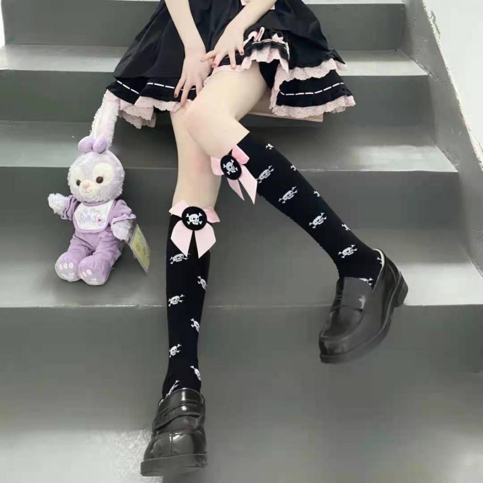 头暗黑系长筒丝袜女lolita蝴蝶结原宿黑粉朋克风 爱心小腿袜【图片