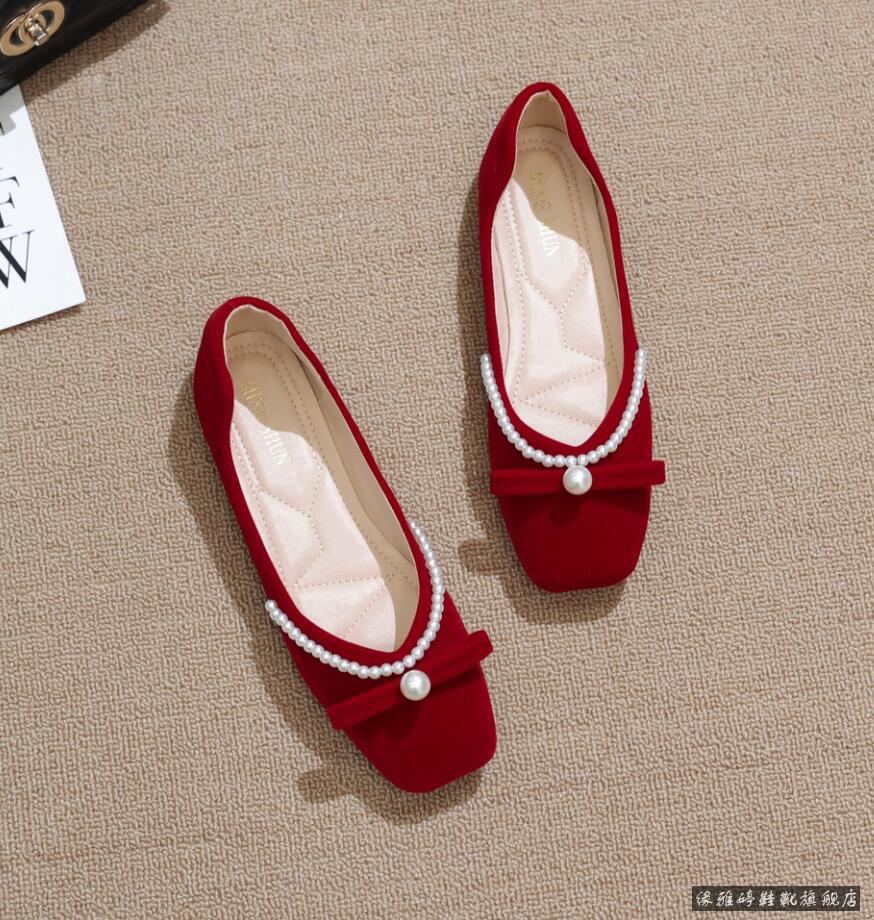 隽赫红皮鞋女士结婚穿的鞋子女新娘鞋子婚礼鞋平底软底红色低跟婚鞋