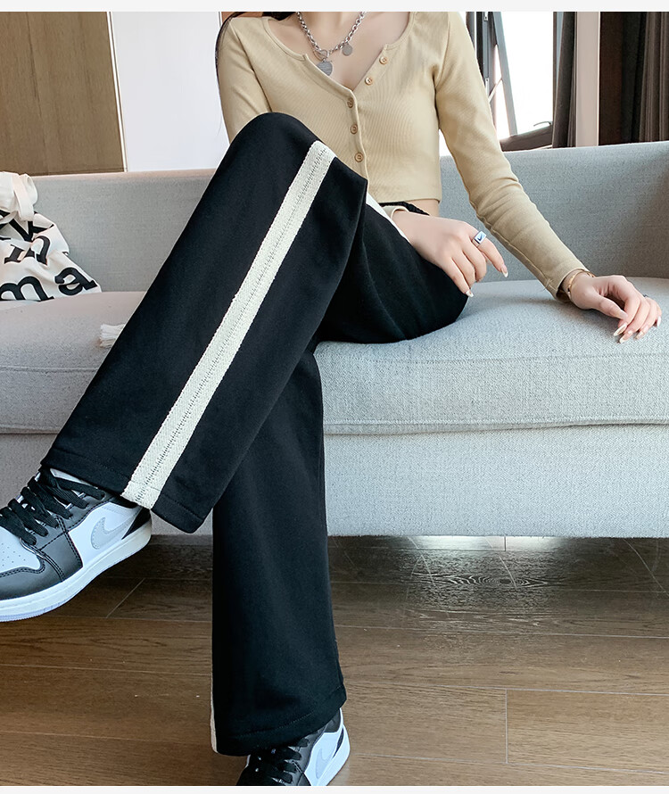 黑色运动裤女秋冬阔腿裤女2022早春韩版ins高腰抽绳侧边条纹阔腿宽松