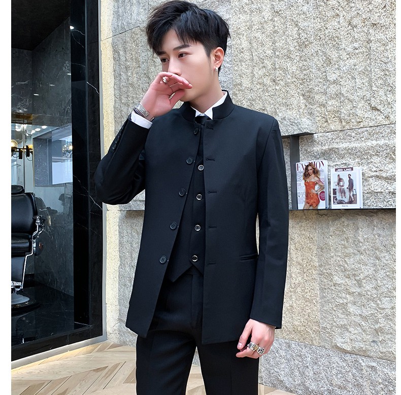 中山装男青年套装学生民国风西服中国风休闲外套修身西装士搭配一套