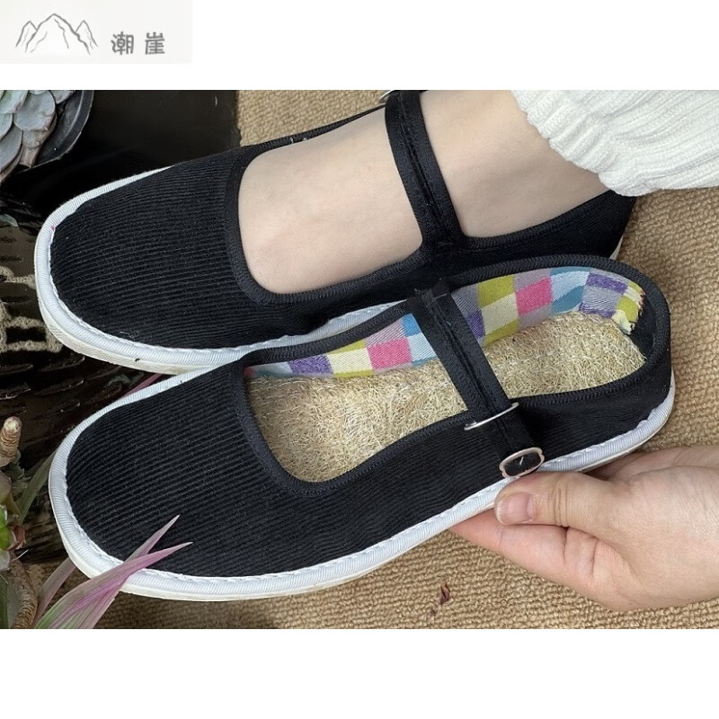 潮崖 何航手工布鞋丝瓜络防滑耐磨吸汗透气柔软轻便单布鞋 2-1黑色 37