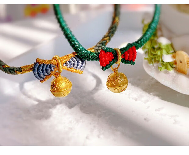 福语乐在逃公主手链圣诞黄金雪花铃铛金铃铛蝴蝶结手绳转运珠足金编绳