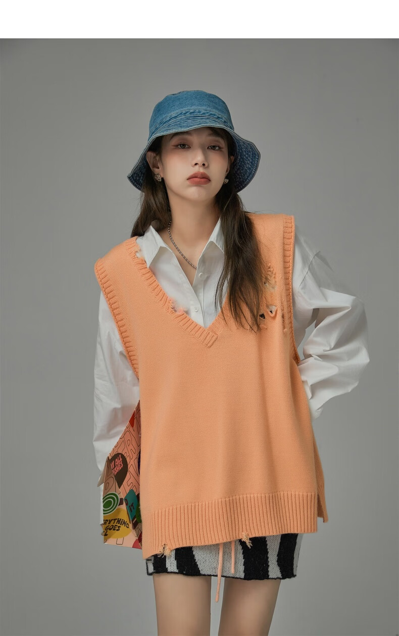 chuu破洞针织马甲背心女年冬季新款洋气宽松纯色外穿马夹坎肩橘色均码