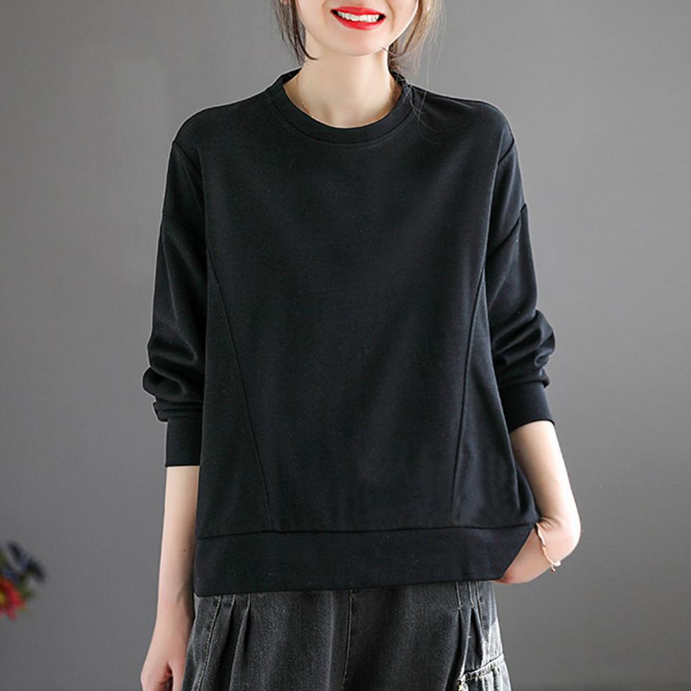 体恤春秋新品宽松韩版棉t恤女200斤上衣长袖黑色lamourl建议90110斤