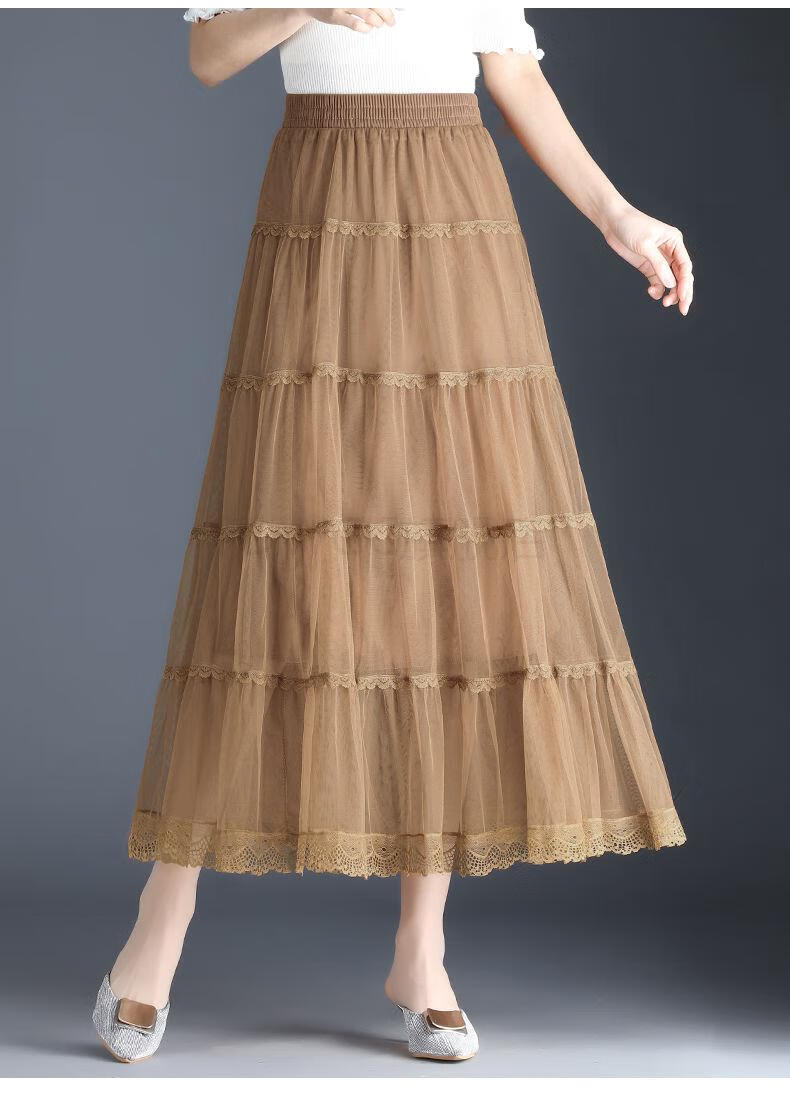 秋冬季雷丝蕾丝网纱半身裙女士半截裙春仙女女过膝a字百褶裙春纱裙垂