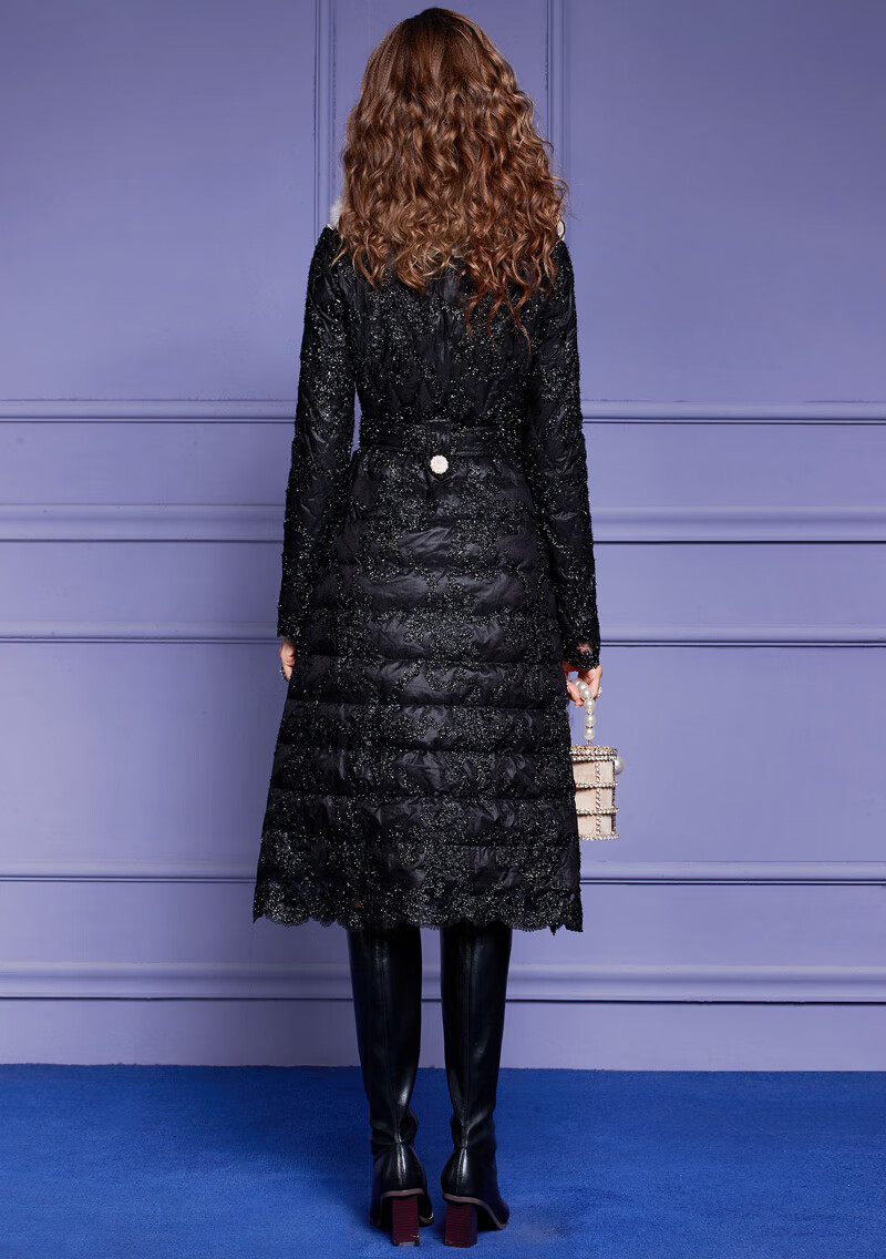 菲梦伊羽绒服女中长款秋冬装轻薄时尚保暖绣花狐狸毛领白鸭绒外套咖啡