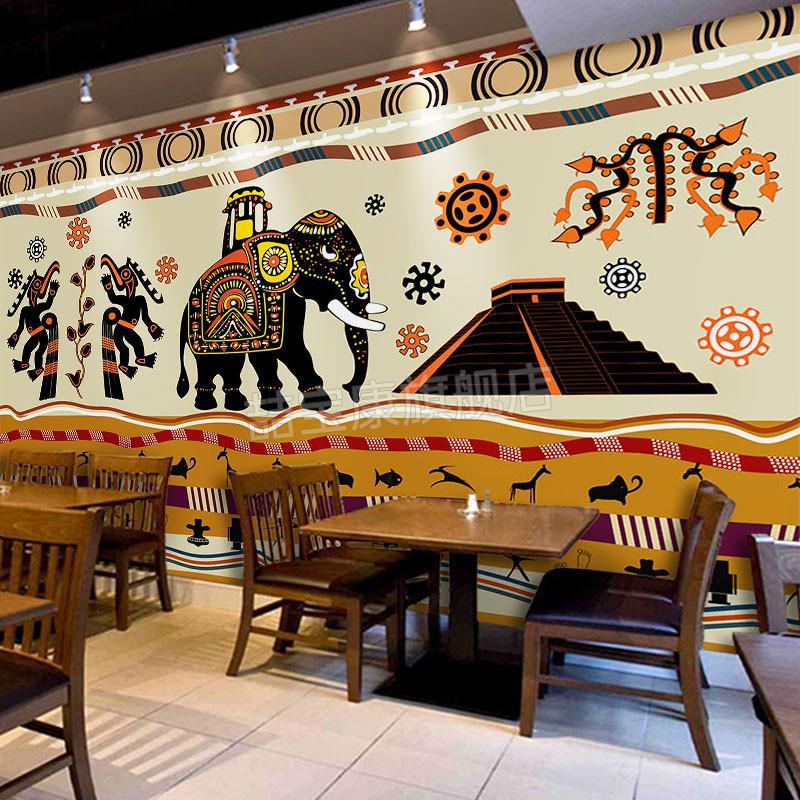 东南亚风格墙纸东南亚泰式风格墙纸印度大象壁画复古spa按摩店泰国