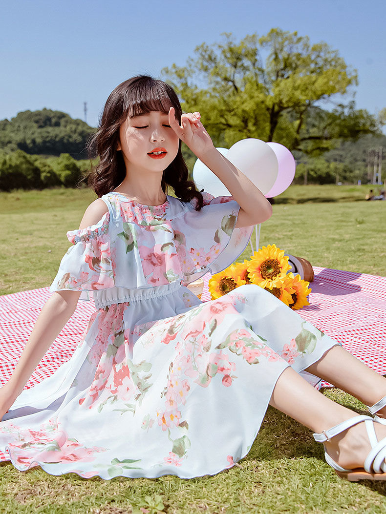 雪纺印花公主裙儿童中大童款露肩中长裙浅蓝色110适合身高100cm左右