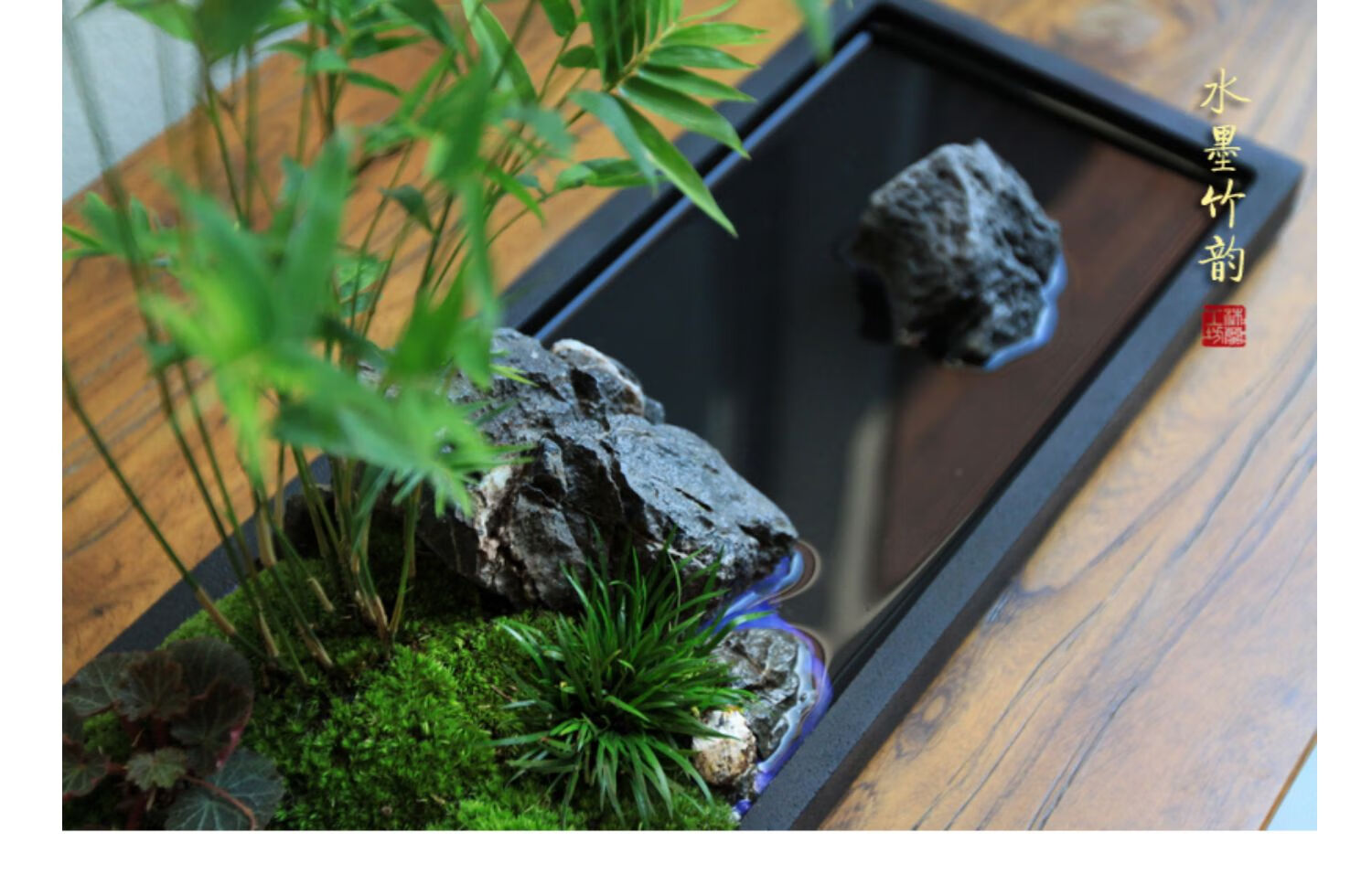 竹子凤尾竹米竹苔藓菖蒲假山新中式售楼处盆景盆栽枯山水书房摆件 东