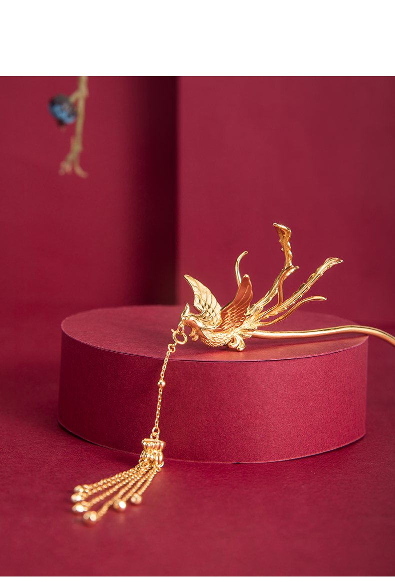 欧凯伦偏凤钗银镀厚金凤凰发簪女古法鎏金头饰复古婚嫁婚礼凤簪凤凰