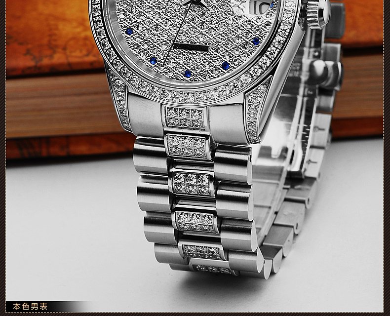 瑞士劳士顿满天星手表男18k金表日志型自动机械表男表镶钻情侣对表有