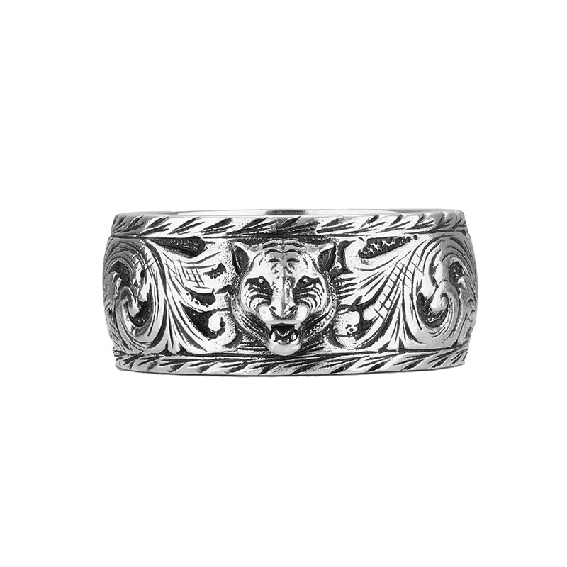 gucci古驰22春夏新款纯银复古深色涂层蔓藤花纹虎头窄边戒指银色8号