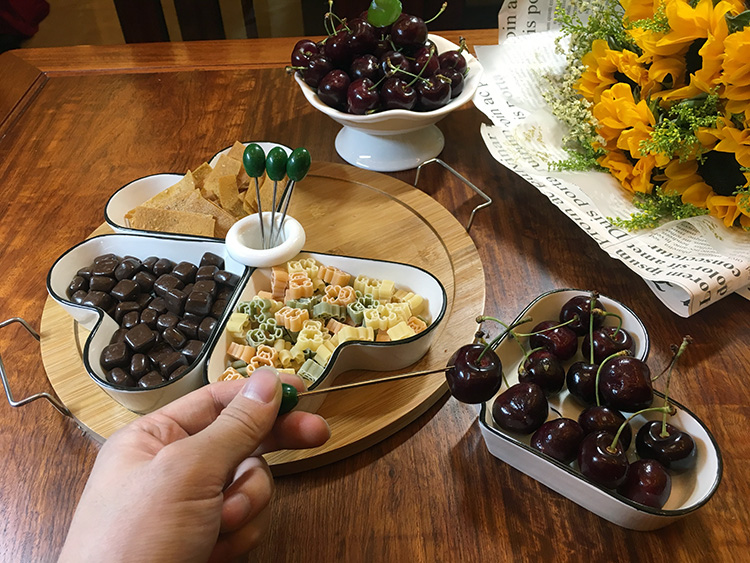 創意陶瓷水果盤帶蓋下午茶點心分格堅果拼盤試吃零食乾果盤帶托盤 金