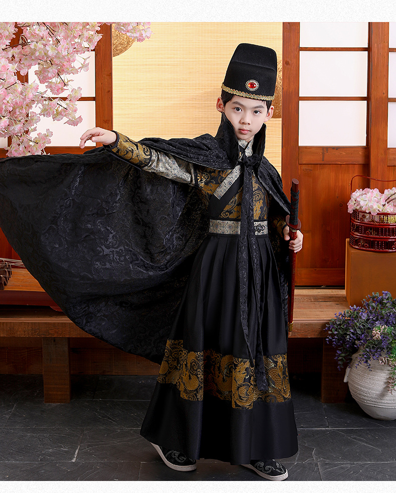 飞鱼服男童汉服春秋唐朝儿童古装锦衣卫唐装中国风演出服套装黑色帽子