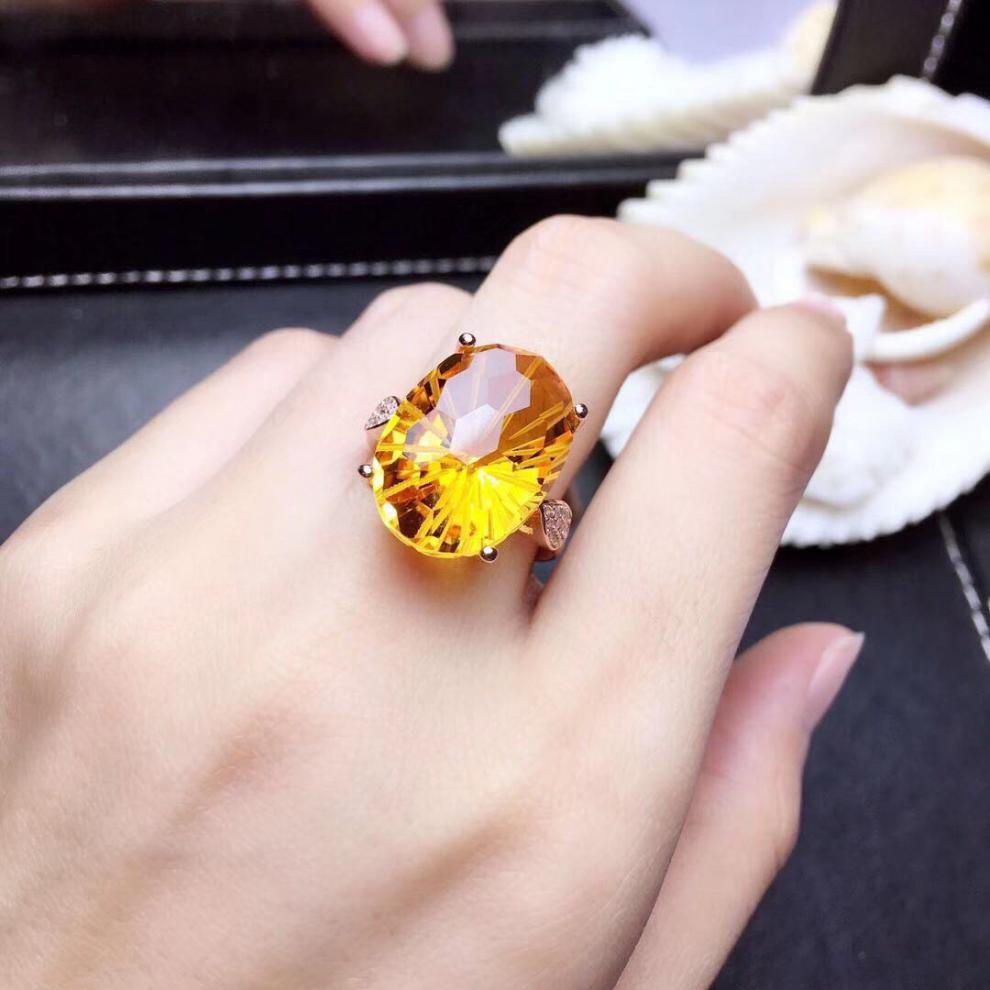 大颗粒黄水晶戒指烟花切工火彩爆闪体干净s925银金镶嵌女【图片 价格