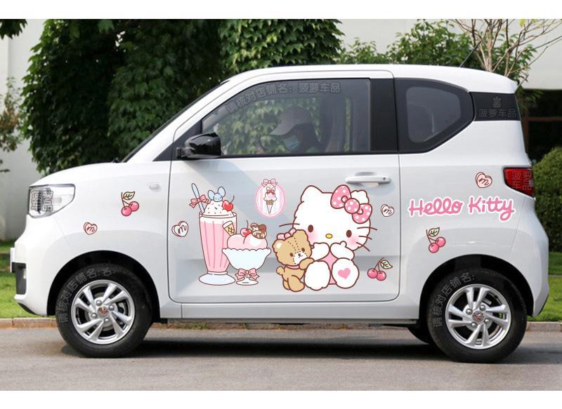 qefh五菱宏光miniev車貼車身貼紙hellokitty凱蒂貓可愛白桃粉裝飾拉花