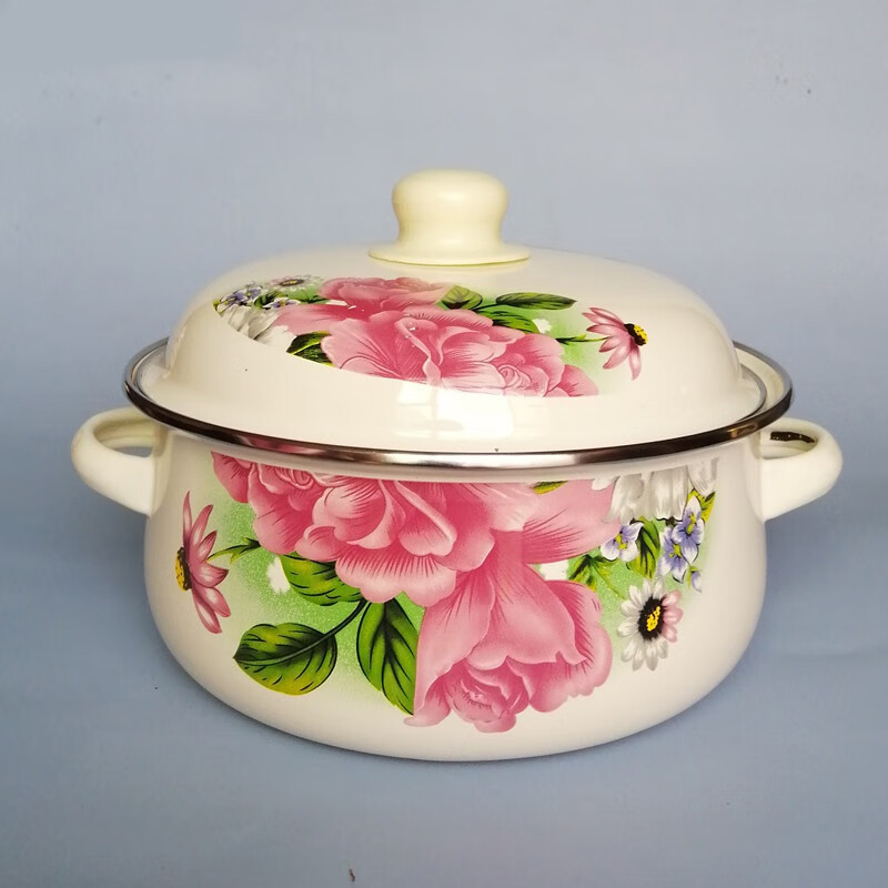 搪瓷盆搪瓷汤盆家用带盖汤碗怀旧加厚双耳锅泡面碗炖汤锅电磁炉加热