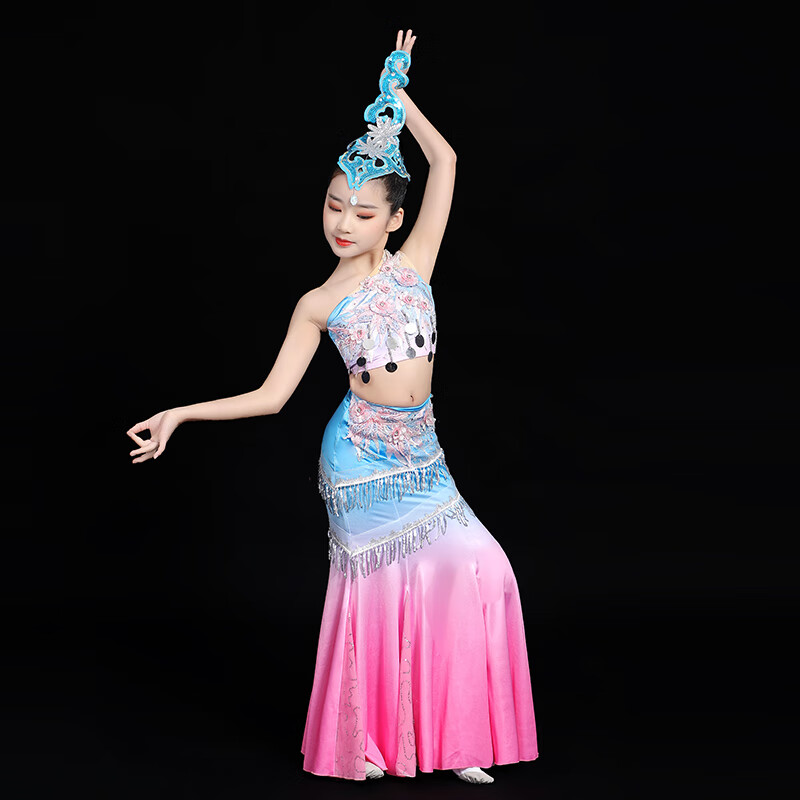 六一新款儿童傣族舞蹈服装古典舞民族舞修身少儿艺考孔雀舞鱼尾裙套装