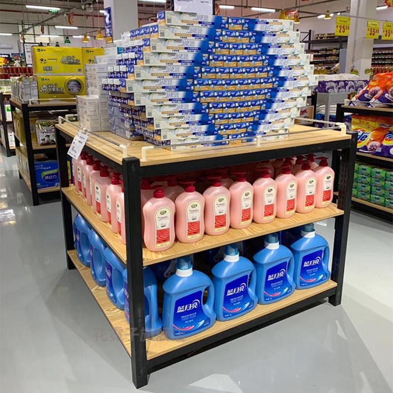 促销台展示架橱窗展示架超市堆头货架食用粮油钢木三层牛奶堆饮料促销