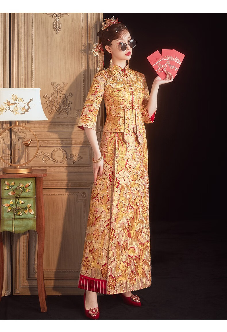 舒弗星金色秀禾服2022年新款新娘结婚龙凤褂小个子中式婚服修身褂皇无