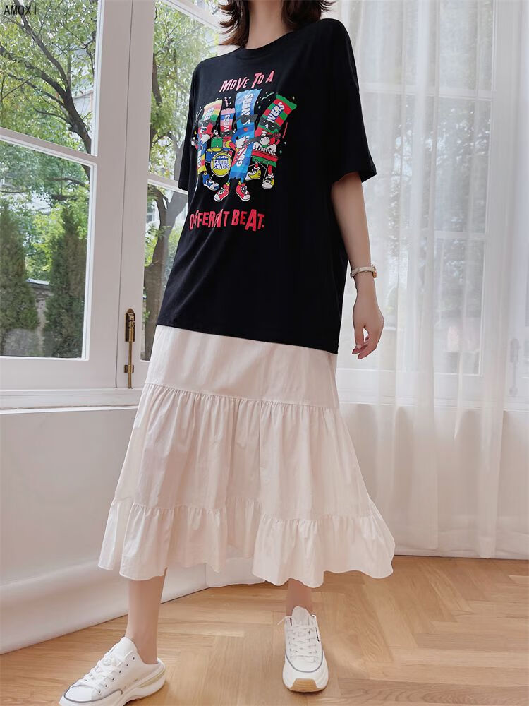 阿么茜春夏新款拼接懒人短袖t恤裙女宽松中长款短袖连衣裙蛋糕裙女