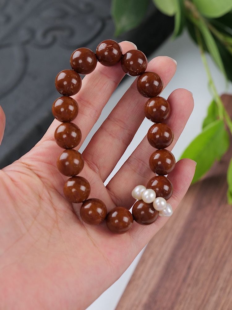 御漪 阿拉善巧克力雕刻吊坠紫金鼠手串男女士情侣手链珍珠金圈配饰