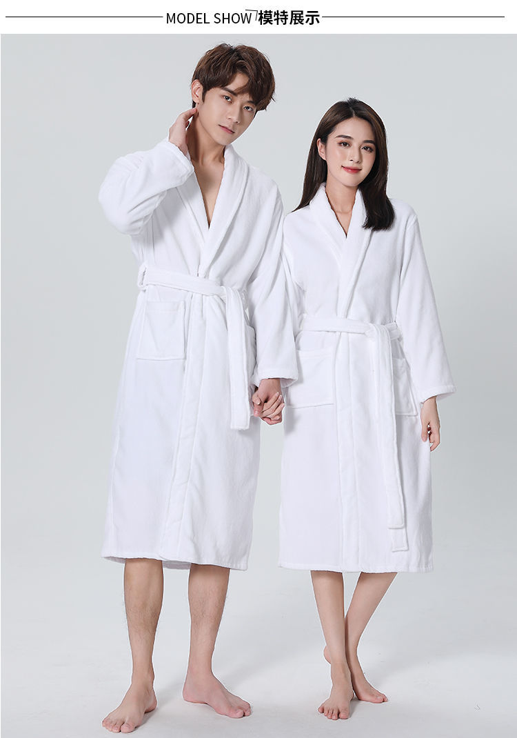 慧衫纯棉割绒毛巾料浴袍酒店情侣睡袍中长男女秋冬吸水浴衣一件装白色