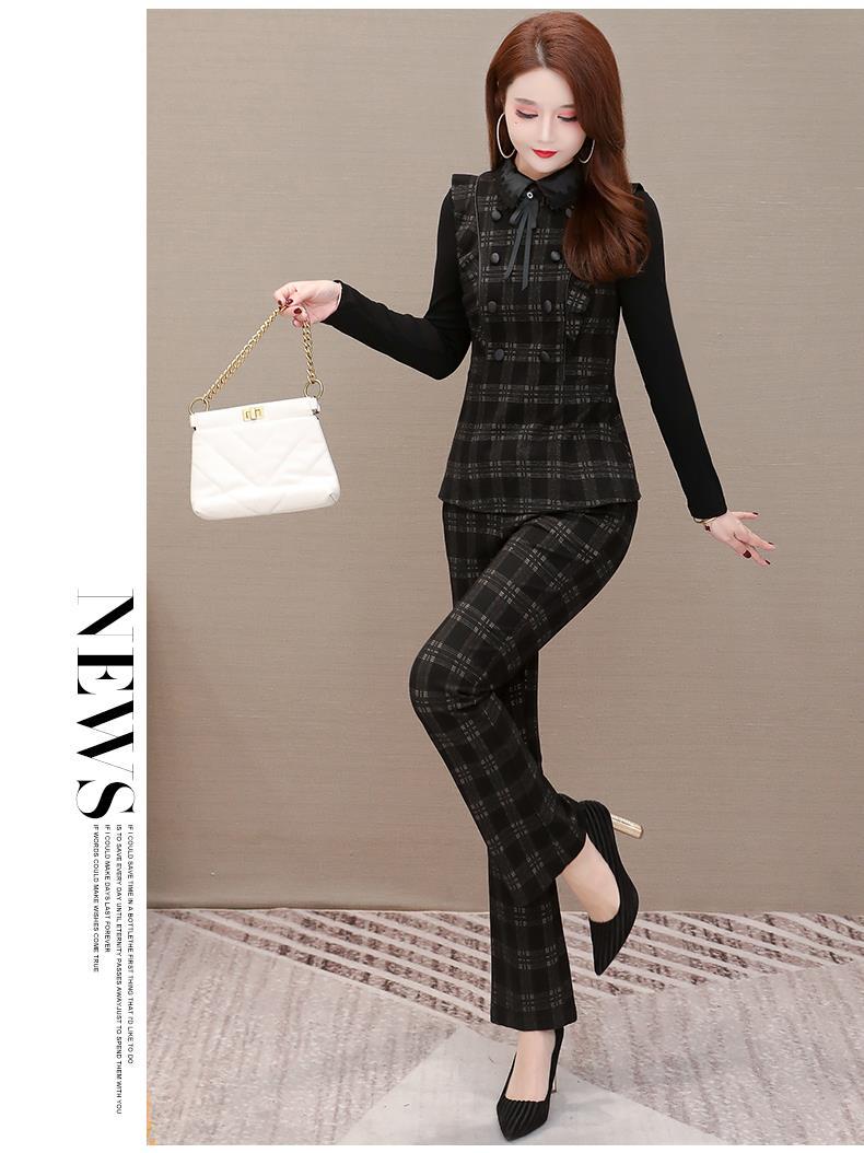 时尚赫本风格子套装女2022新款春装复古减龄上衣直筒裤休闲两件套上衣