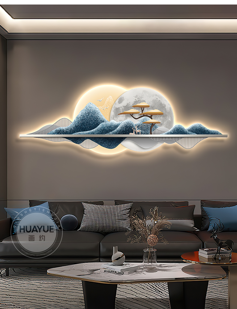 现代轻奢客厅沙发背景墙装饰画led灯大气山水茶室壁画新中式挂画a青山