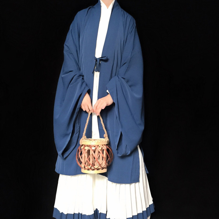 策博格汉服宋制交领对襟长衫长褙子男女三件套 烟蓝色三.