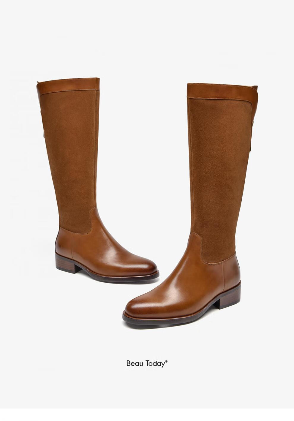 beautoday2021秋冬新款骑士靴女高筒英伦风长筒靴不过膝皮靴子可可咖