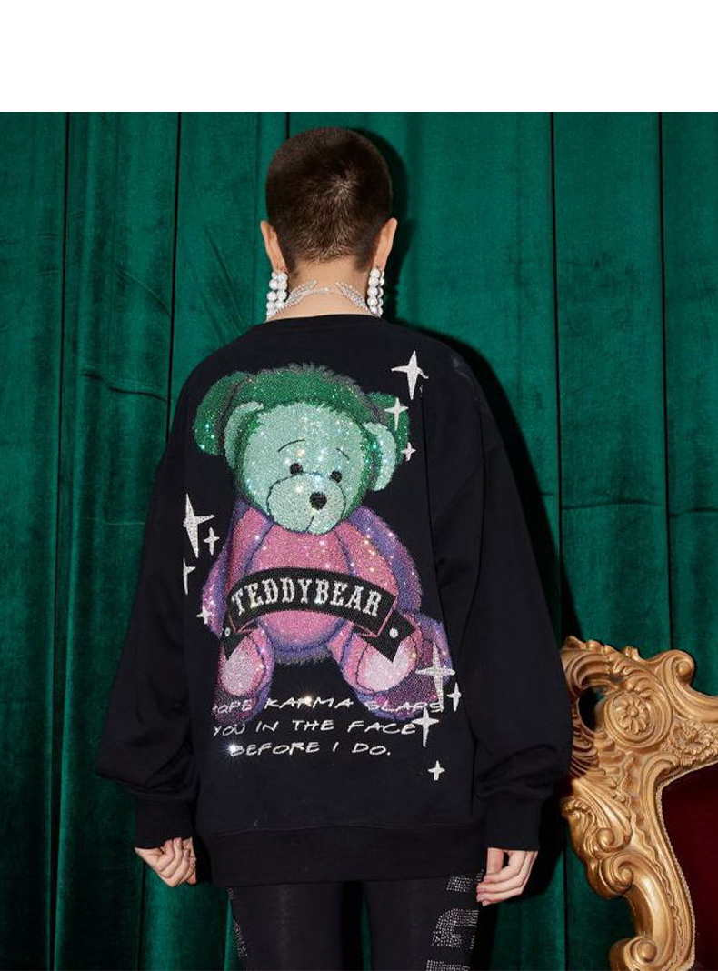 tch轻奢潮牌忧郁小熊字母烫钻黑色圆领衫t213116058黑色l