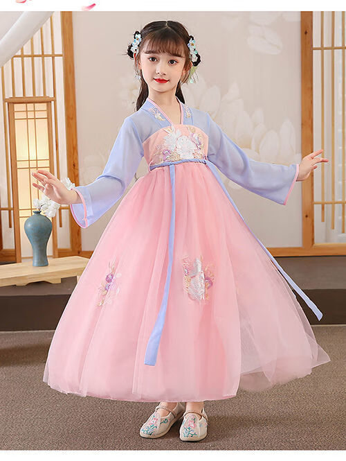 风唐装仙飘逸古风襦裙儿童仙女古装女孩连衣裙虾粉色短袖头饰鞋子140