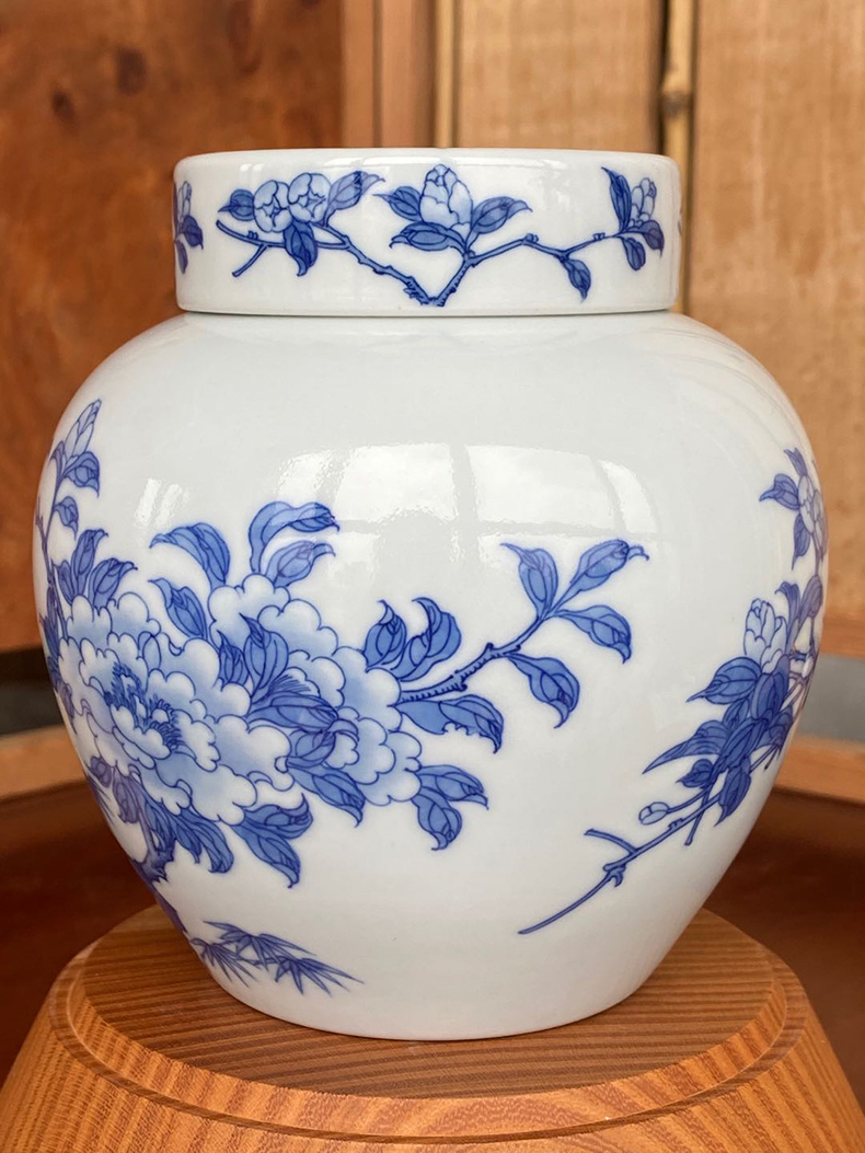 景德镇春风祥玉 邹俊窑制 八字款 山石牡丹花鸟 内盖 茶叶罐盖罐