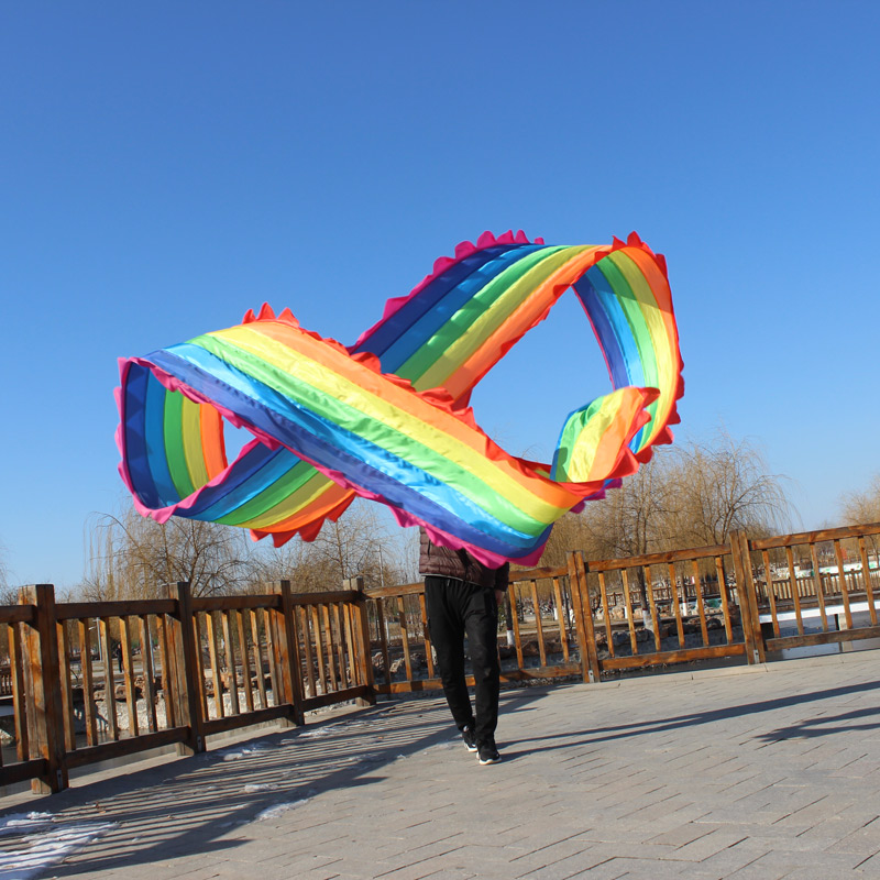尼创 舞蹈彩带 彩虹丝带拼接舞绸健身彩带带棒彩绸广场舞道具七彩花边