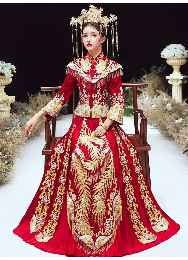 玫泊琳中式婚服秀禾服新娘新款结婚礼服披肩中式婚纱敬酒服凤冠霞帔秋